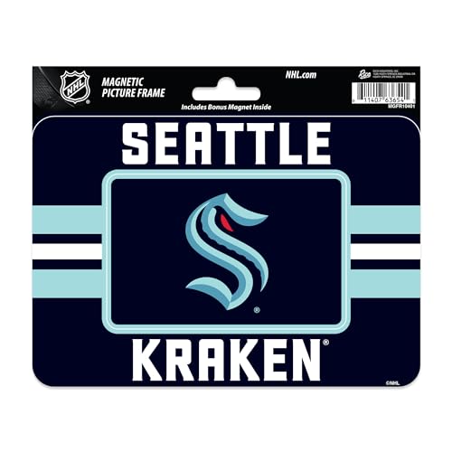 Rico Industries NHL Hockey Seattle Kraken Stripes Magnetic Picture Frame (5"x6.75") & Magnet Combo Set - Home Décor - Regrigerator, Office, Kitchen