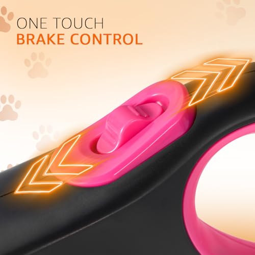 Image of Amazon Basics Retractable Dog Leash | 5 Meter | for Large Dogs Up to 50 Kg | Heavy Duty Leash for Pets | Strong Nylon Tape, Anti-Slip Handle, Built in Spring, One-Click Brake Pause | Pink