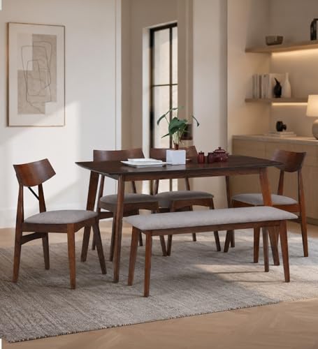 Image of Mintwud Pepperfry Solid Wood 6 Seater Dining Table Set with Cushion Chairs & Bench | Wooden Dining Table Six Seater Furniture for Dining Room, Kitchen and Living Room (Walnut Finish)