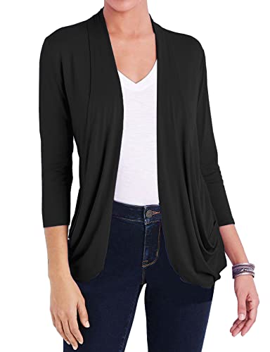 Image of DEESHA Women Casual Lightweight Cardigan 3 /4 Sleeve Draped Open Front Soft Cardigans with Pockets