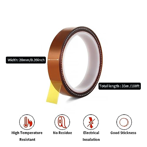 Image of 2Rolls 20mmx33m(108ft) Heat Tape for Sublimation,Heat Press,Heat Transfer Polyimide 500℉ High Temperature Resistant Kapton Thermal Insulation Shield Tape with Silicone Adhesive
