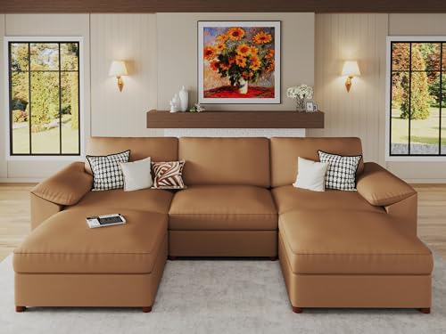 Image of EASE MOOSE Oversized Modular Sectional Sofa,Leather Sectional Couch with Deep Seat,Extra Large U Shaped Couch,Modern Comfy Scratch Resistant Faux Leather Material Sofa,Brown