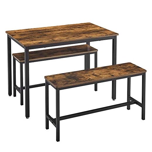 VASAGLE Dining Table Set for 4, Kitchen Table with 2 Benches, 27.6 x 43.3 x 29.5 Inches Dining Room Table, 11.8 x 38.2 x 19.7 Inches Bench, Rustic Brown and Ink Black UKDT070B01