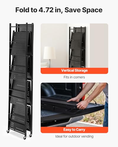 Image of VEVOR 5-Tier Foldable Storage Shelf, 32W x 14D x 72H Inch Folding Metal Rack Shelving Unit, Heavy Duty No Assembly Organizer Shelf with 5 Wheels & 4 Hooks for Pantry, Kitchen, Garage, Basement, Black