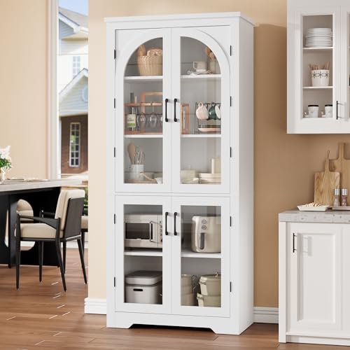 Garvee 70" Tall Kitchen Pantry Cabinet - Modern Display Cabinet with 4 Arched Glass Doors and Adjustable Shelves, Versatile Cupboard Organizers for Ki