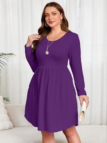 Image of AusLook Women's Plus Size Long Sleeve Midi Dress Casual Empire Waist Loose Flowy Dresses A-Line Boho Long Dress with Pockets