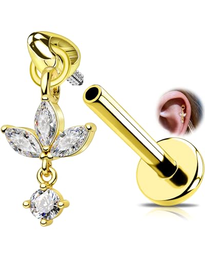 OUFER 16G Or Lotus Piercing Helix en Acier Chirurgical 316L, Pendentif Boucle d'oreille Filetage Interne en Marquise CZ Fleur Bijou de Piercing Labret, Tragus,...