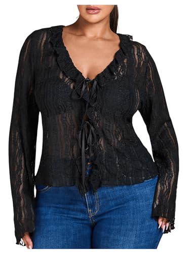 Verdusa Women's Plus Size Bow Tie Sheer Lace V Neck Blouse Bell Sleeve Ruffle Trim Tops Black X-Large Plus