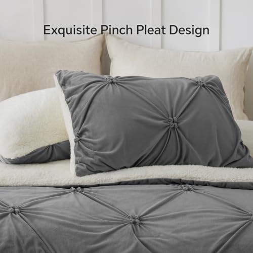 Image of BEDELITE Fluffy Sherpa Queen Comforter Set,Pintuck-Grey | Super Soft & Warm Fleece Bedding, Luxury Fuzzy Comforter for Winter, Heavy Plush Bedding Set,2 Pillowcases