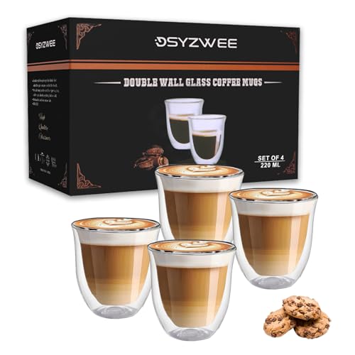 DSYZWEE Double Wall Borosilicate Glass Espresso Cups, Espresso Cup Set (4 x 220ml), Latte Glass Caffee Cups, Handcrafted Artisan - Strong, Borosilicate Heat Resistant