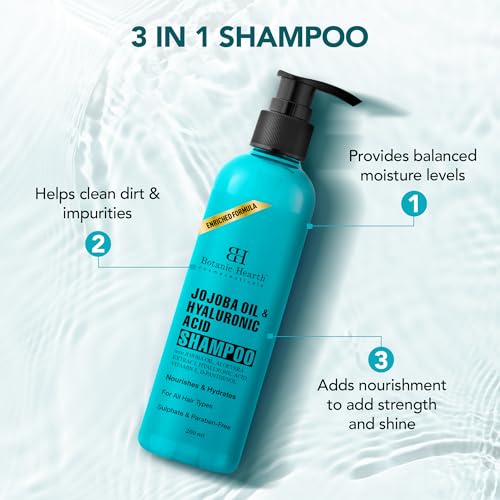 Image of Botanic Hearth Jojoba & Hyaluronic Acid Shampoo with 100% Pure Jojoba Oil & Aloe Extracts | Hydrates Hair & Adds Shine | For Dry & Dehydrated Hair | Shampoo for Women and Men | Sulphate & Paraben Free | 200 ml
