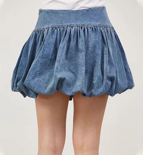 loveimgs Women Cute High Waisted Short Denim Pleated Mini Jean Skirt Ruffle A Line Skirt Y2k Balloon Bubble Skirt4