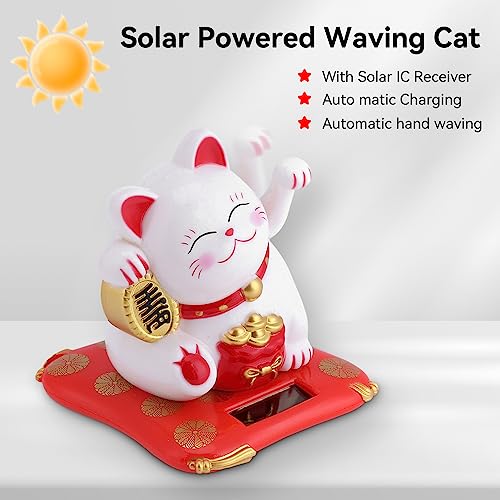 HERCHR Lucky Cat Solar Powered Maneki Neko Beckoning Lucky Waving Cat Chinese Japanese 2.76 x 2.56inch Feng Shui Money Decoration for Home Car Dashboard Decor Welcoming Fortune - Image 3