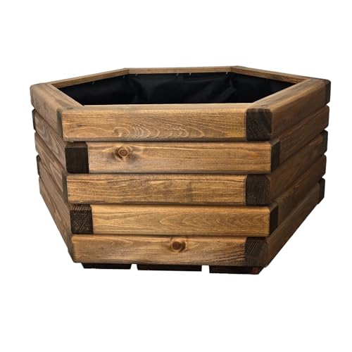 HolzGarden Pflanzkübel Holz 60x30x53 cm Imprägniert Farbe Teak Wetterfest Blumenkasten Blumentopf Groß Außen Balkon Garten Pflanzkasten Sechseck 63l Serie FORNEA