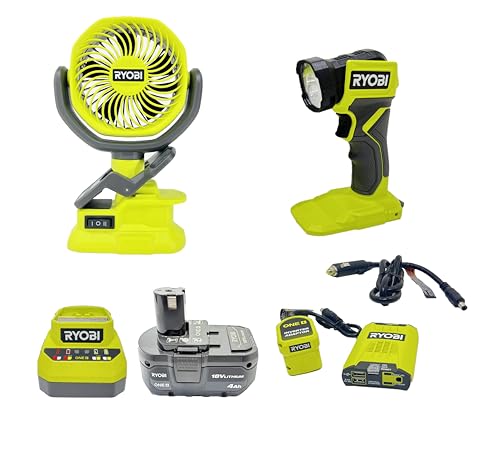 Ryobi 18-Volt Camping Kit - with Clamp Fan, Flashlight, Inverter, (1) 4Ah Battery and Charger (Bulk Packaged), Green