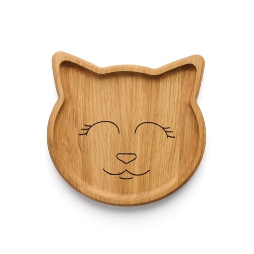 Edeldings Antibakterieller Massivholz Kinderteller KATZE 20x20 cm groß aus Eiche | Originelles süßes Kinder Geschenk aus Holz in Tier Form | Babyteller, Holzschale, Servierschale