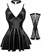 Todetana PU Leather Lingerie Dress for Women Deep V-Neck Backless Bodycon Mini Dress with Adjustable Neck Ring Sexy Faux Leather Clubwear, 3 Pack Set Black