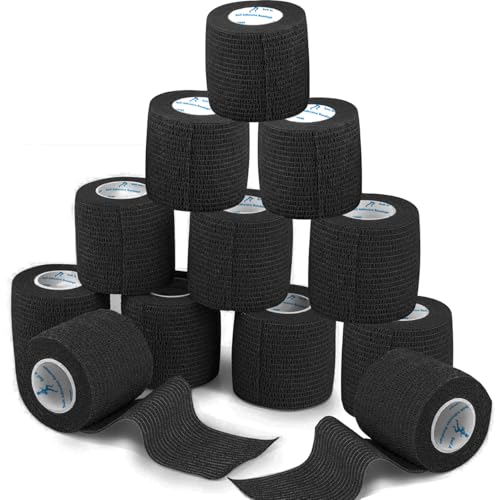 ANAMPION Venda Cohesiva 12Rollos 5cmX4.5M Venda Cinta Bendaje Adhesiva Vendaje Autoadhesivo Deportiva Tape Cohesivo Para Muñeca Dedos Lesiones Deportivas,Hinchazón (Negro12)