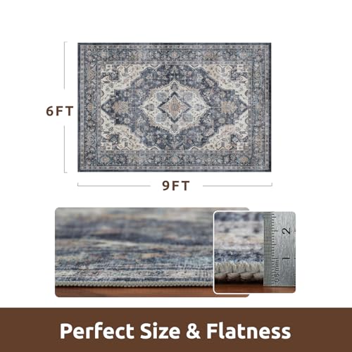 AMOAMI-Area Rug 6X9 Rugs for Living Room-Vintage Soft Blue Rugs for Bedroom-Non Slip Carpet-Machine Washable Rug for Dining Room Living Room Bedroom Office Under Table