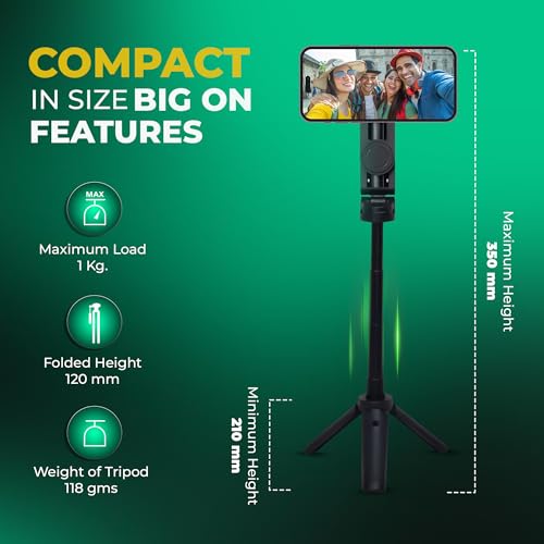 Image of Digitek (DTR 350 SS) Magnetic Selfie Stick Tripod with 10m Bluetooth Remote, Pocket-Sized Design, 1Kg Max Load, 360 Rotation, Magnetic Phone Mount, Ideal for Travel and Vlogging