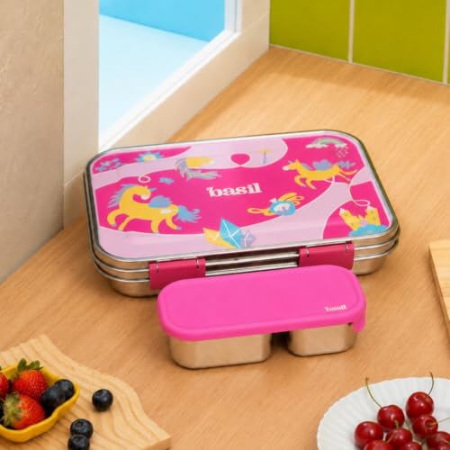 Image of Basil Stainless Steel 2 Compartment Pickle & Dip Container | Chutney Box for Tiffin | Leak Proof Container with Food Grade Silicone Lid | Dip Box for Ketchup & Sauces | School & Office - Pink