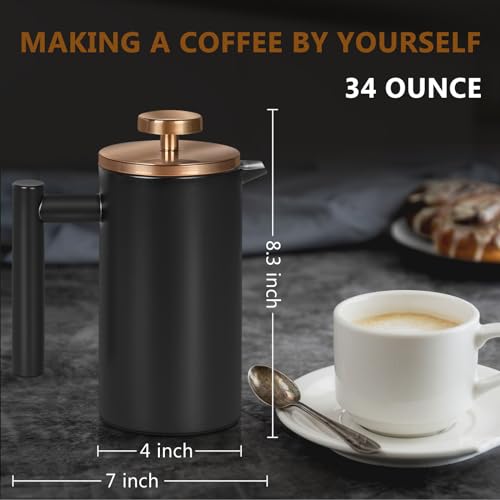 Image of Black Stainless Steel French Press Coffee Maker, Double Wall Insulated French Press,for Coffee&Tea,with 3 Extra Screens and a Coffee Spoon,34oz /1000ml,Gold