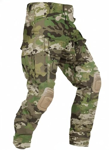 Men’s Tactical Pants with Knee Pads Camo Cargo Pants Waterproof Hiking Pants 10 Pockets No Belt