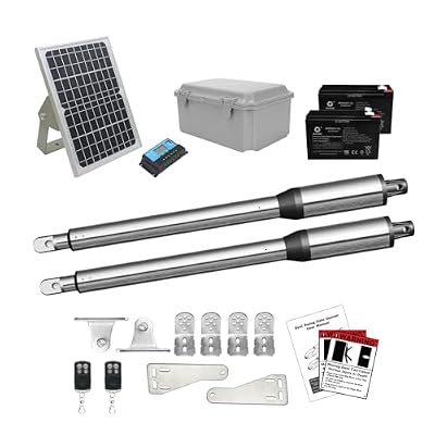 JUJIANG C01 Solar Gate Opener with Batteries & Solar Panel for Dual Swing Gates Up to 440lb per Arm Automatic Gate Opener with Remote Complete Kit Light Duty Automatic Gate Openers Solar Powered