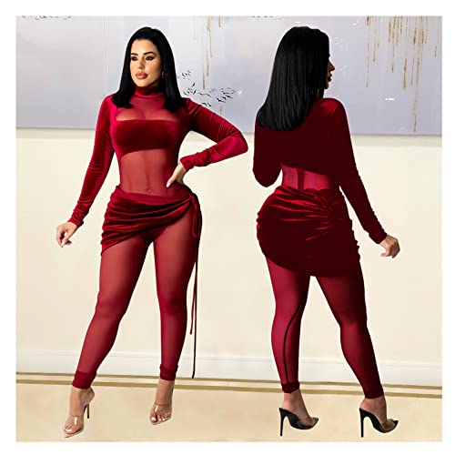 Sedmoda Women's Sexy See Through Velvet Jumpsuit Long Sleeve Sheer Mesh Patchwork Bodycon Club Party Rompers #TOP2