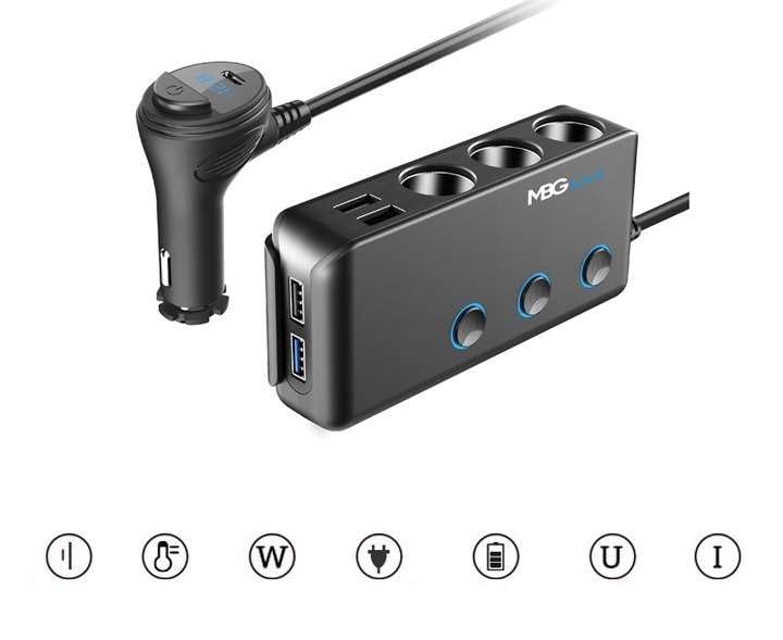 Ładowarka USB multiport| Rozdzielacz gniazda zapalniczki samochodowej HC67C 120W | 3 Gniazda 12V z włącznikami i woltomierzem, Adapter do pojazdów