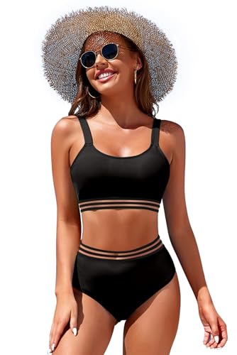 Image of Womens High Waisted Bikini Sets Sporty Crop Top Color Block Swimwear Bandeau Scoop Neck Vintage Two Piece Bathing Suits