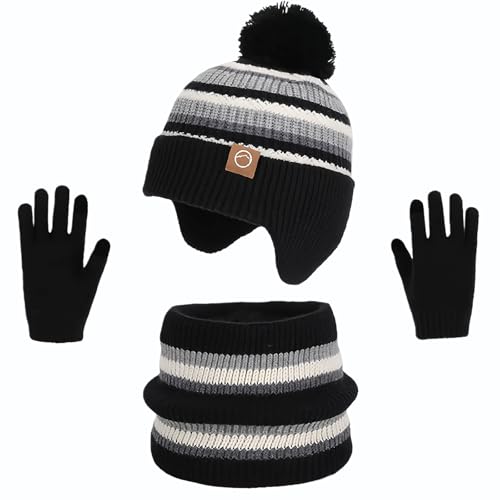 Image of Kids Winter Hat Gloves Scarf Set,Beanies with Earflap Pompom Neck Warmer Touchscreen Gloves Fleece Lined for Boys Girls 4-10Y