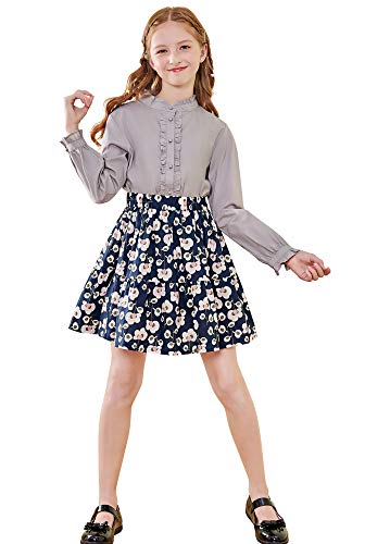 Image of SOLOCOTE Girls Blouse Ruffle Long Sleeve Button Down Shirts Princess Cotton Loose Soft Tops Spring and Summer, 190903, Gray, 13-14Y
