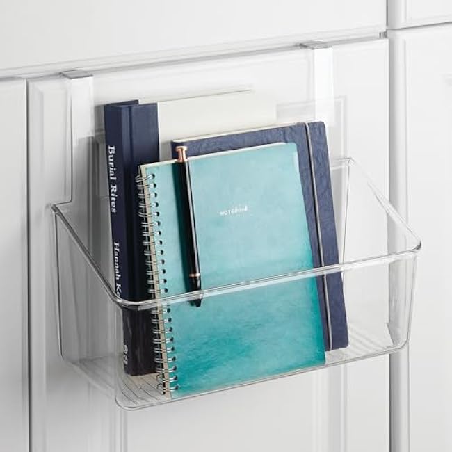 mDesign Plastic Over Cabinet Door Storage Organizer Bin for Kitchen, Pantry, Bathroom, Laundry, Utility Room - Hang Outside or Inside Door - Holds Lunch Bags, Shampoo, Cleaning Supplies, Large - Clear