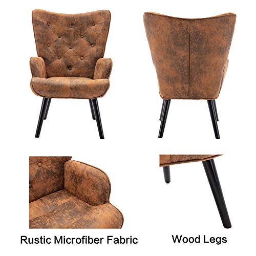 Dolonm Rustic Accent Chair Vintage Wingback Chair Microfiber Cushioned Mid Century Tall Back Chair with Arms Solid Wood Legs for Reading Living Room Bedroom Waiting Room (Brown) - Image 6