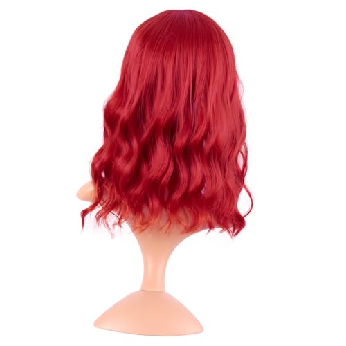 Image of MapofBeauty 14 Inch /35 cm Short Wavy Curly Women Fresh Bright Synthetic Ordinary Flat Bangs Bob Wig (Bright Red)