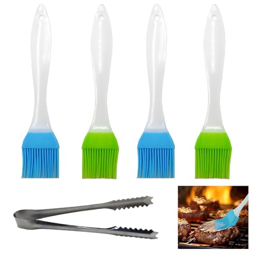 SHENSAIGO 4PCS Silicone Pastry Brushes, 2 Color Silicone Brush Cooking, Basting Brush with Stainless Steel Tongs, Heat Resistant Oil Baking Brushs for Barbecues Pastries Food Stirring Cooking