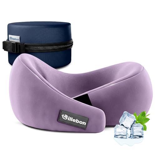 Image of Billebon Gel Infused Memory Foam Neck Pillow with Case, Travel Pillow with Adjustable Velcro Straps, Neck Pillow for Travelling & Flight Travel, Ergonomic Support for Comfort & Pain Relief (Lavender)