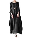 Jacansi Women Casual Party Oversize Cotton Linen Asymmetric Hem Swing Maxi Dress (04-Black, 3XL)