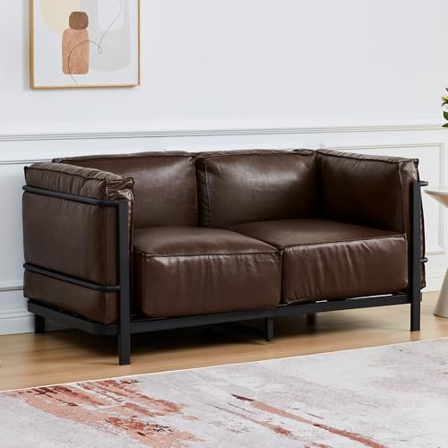 Image of QHITTY Loveseat Sofa, Mid-Century Modern Upholstered Couch Chair Faux Leather Sofa Couch with Iron Frame and Upholstered Armrest Backrest Cushion for Living Room, Office, Apartment (Brown)