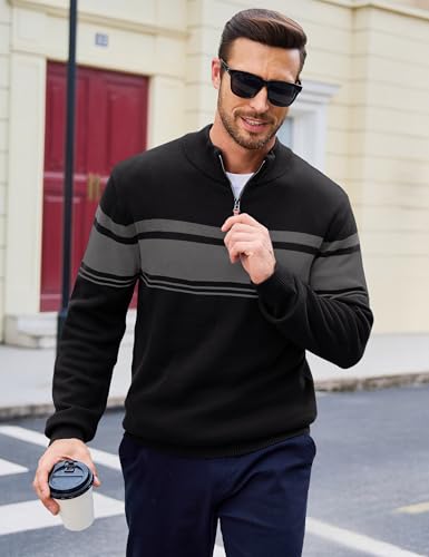 MAGCOMSEN Men's Sweaters 1/4 Zip Cotton Sweater Pullover Polo Sweaters Striped Fall Winter Warm Sweatshirts2