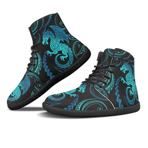 Binienty Blue-Green Dragon Cross-Trainer for Mens Barefoot Flat Shoes for Women Waterproof PU Leather Hi-top Minimalist Zero Drop Sneakers for Camping Hunting, US 12.5