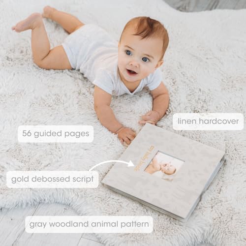 Image of Pearhead Deer Print Linen First 5 Years Baby Memory Book | 56 Guided Pages, Baby Milestone Journal Book, Photo Insert Cover, Woodland Animal