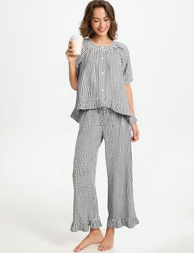 Image of Gihuo Gingham Pajama Set for Women 2 Piece Plaid Cotton Button Down Top and Pants Ruffle Babydoll Pjs Lounge Sets