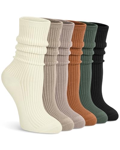 Image of YSense Women's Cotton Crew Socks 6 Pairs, Long Cute Aesthetic Neutral Athletic Boot Socks for Women Stocking Stuffers Gifts