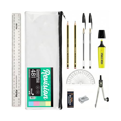 GCSE Complete Exam Stationery Bundle Set with Revision Cards Bic Pens Geometry Set & Clear Exam Pencil Case Back to School Kit Exam Approved Transparent Case Lightweight