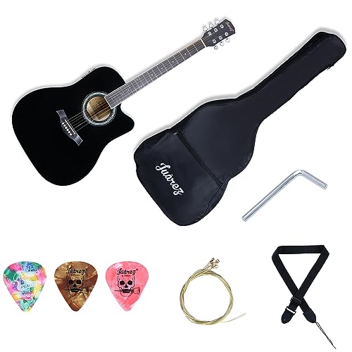 Image of Juarez JRB41C /BK-EQ 41 Inch Acoustic Guitar Kit with Truss Rod, Solid Linden Wood, Ziko Strings, Pearl Rosette, Rosewood Fretboard & Bridge, Die Cast Machine with Picks, Strap, Strings & Bag Black