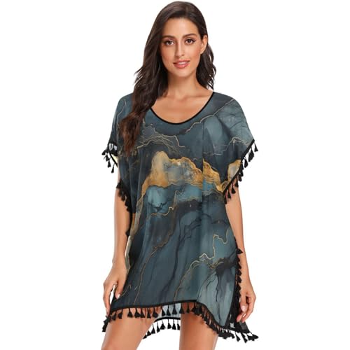 Blue Marble Black Art Women's Beach Cover Up Chiffon Tassel Swimwear Swimsuit Coverups for Girl
