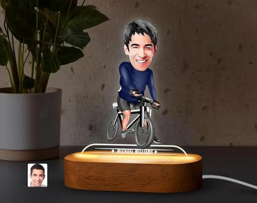 Image of THE GRANDEUR Caricature Gift for Men, Personalized LED Bicycle Cartoon Figurine Gift for Men - Custom Name Light with Wooden Base, Birthday Gift for Him, Cyclist Desk Decor, (15 x 6 cm)
