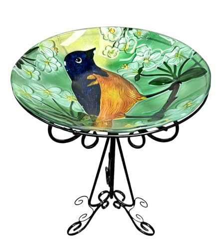 OUISJYER Large Bird Bath for Outside, 18" H Glass Bath Bowl with Metal Stand 28" H Standing Outdoor Birdbaths for Garden Yard Lawn Decor,Baltimore Oriole